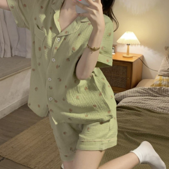여자 홈웨어 세트 학생 여성 여름 봄 가을 잠옷 파자마 실내복 카라 파티 반팔 반바지 - 상품 이미지
