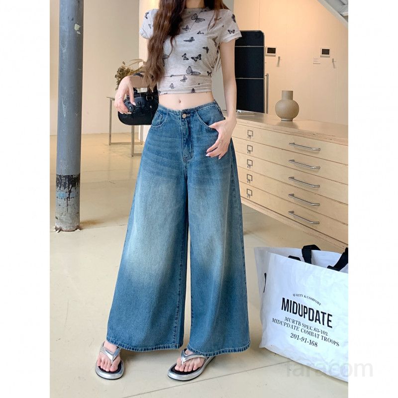 여성용 와이드 데님 팬츠 스트레이트 루즈핏 9부 청바지 레트로 스타일 데일리룩 다리 길어보이는 코디 편안한 착용감 캐주얼 팬츠 - 상세 이미지 5