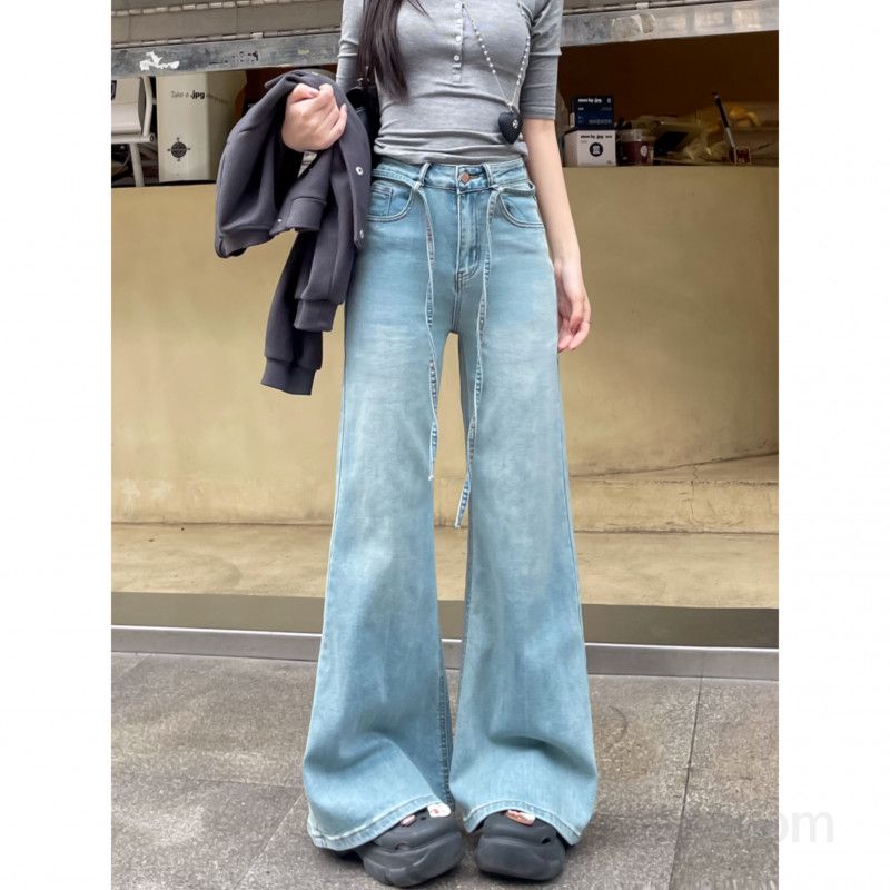 여성 레이스업 데님 팬츠 봄 스트레이트 와이드 플레어핏 편안한 데일리룩 다리길어보이는 여성청바지 스타일리시한 모던한 캐주얼 팬츠 - 상세 이미지 5