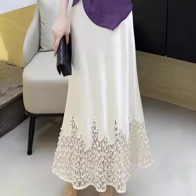 밑단레이스펀칭포인트 A라인 아세테이트롱스커트 찰랑 여름 빅사이즈 심플 클래식 3XL까지 - 상품 이미지