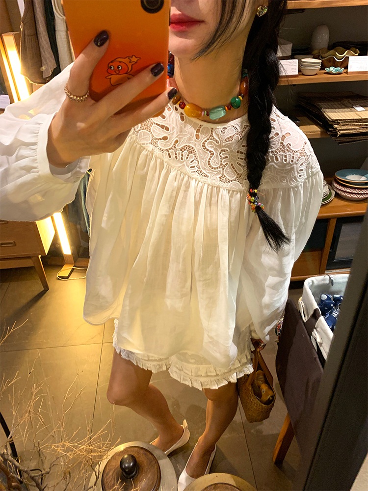 모시100 레이스포인트 긴팔블라우스 루즈핏 뒷브이넥리보포인트 좋은 고급 소재 여름 화이트 - 상세 이미지 3