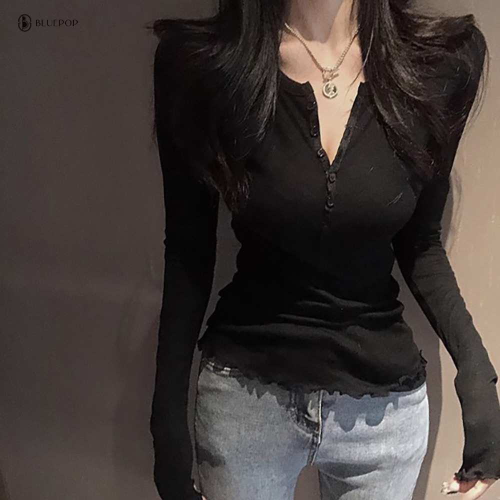 [5color]슬림 라인 브이넥 단추티 레이온 텐셀티 블랙 - 상세 이미지 5