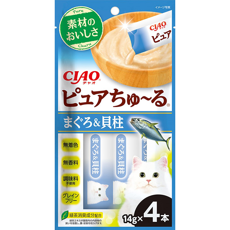 일본 참치 & 조개관자 이나바 펫푸드 CIAO 챠오 퓨어 츄르 14g x 4개 고양이사료 - 상품 이미지