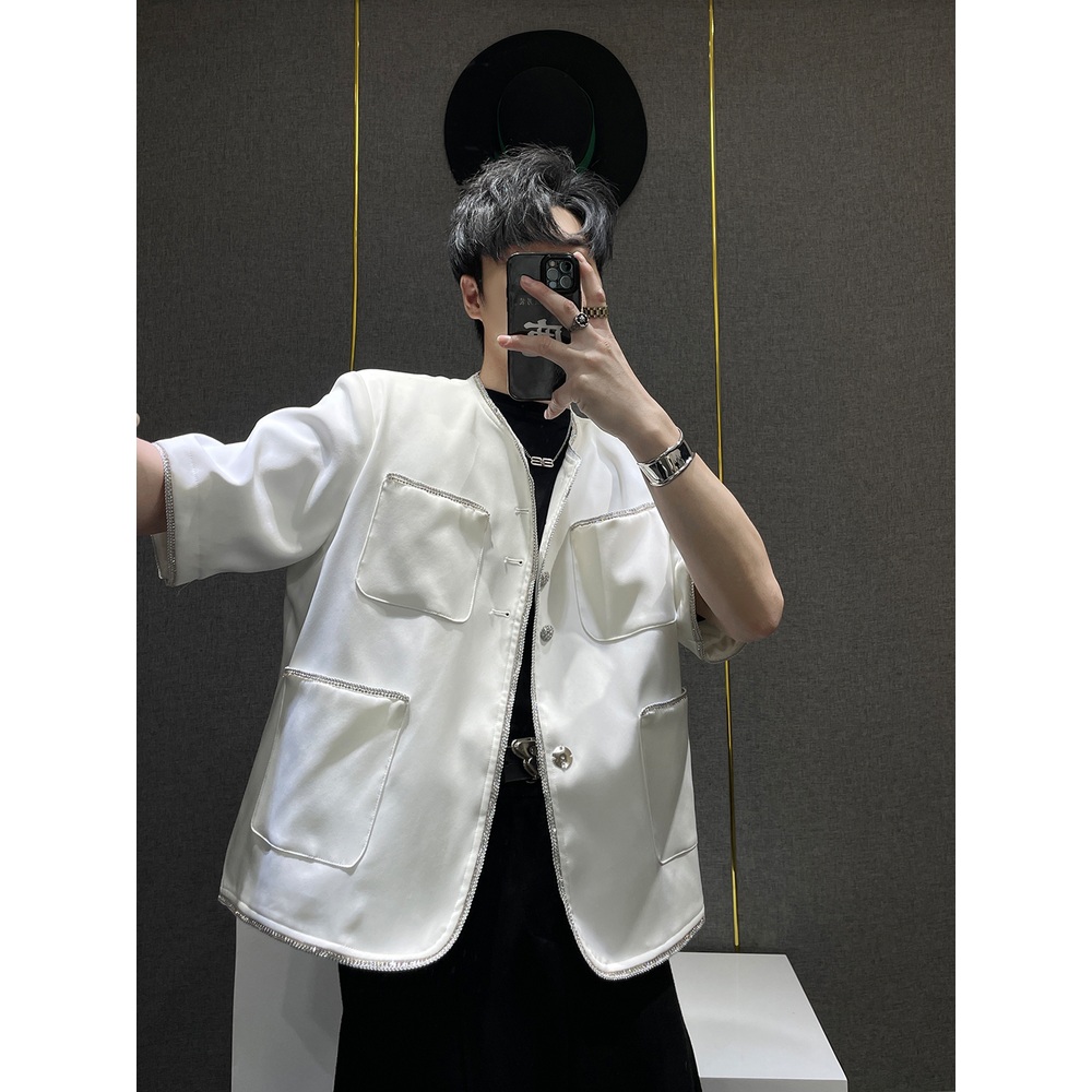 큐빅단추 스티치 반팔자켓 남자 여름 하객룩 어깨넓어보이는 데이트 시크 클래식 명품느낌 블랙 - 상세 이미지 5