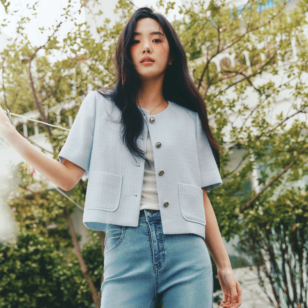 [슈퍼적립] [N판매자배송] 로엠 라운드 트위드 반팔 자켓 RMJKF25S99