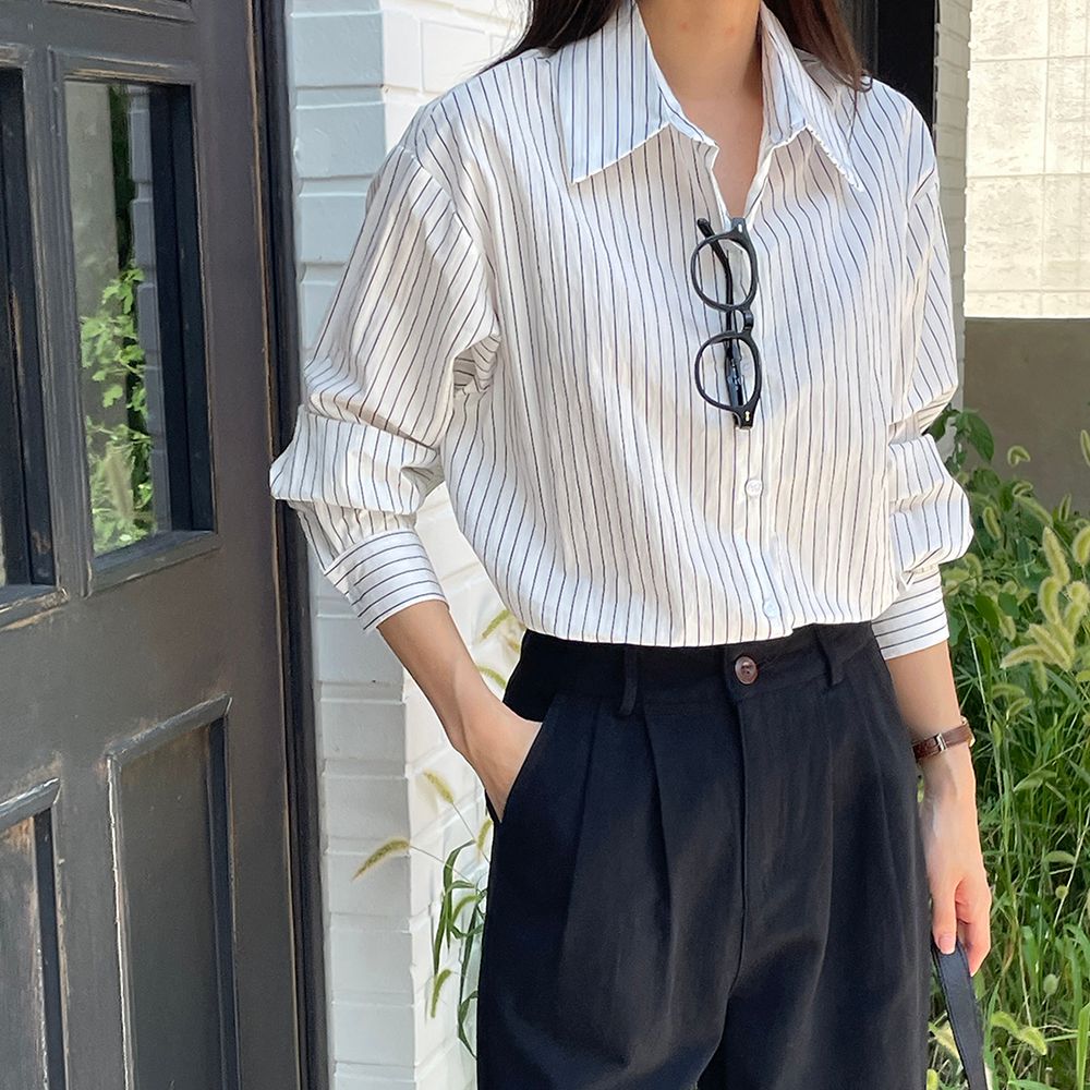 루즈핏 여자 스트라이프 셔츠 여성남방 긴팔 블라우스 캐주얼 화이트셔츠 - 상세 이미지 2