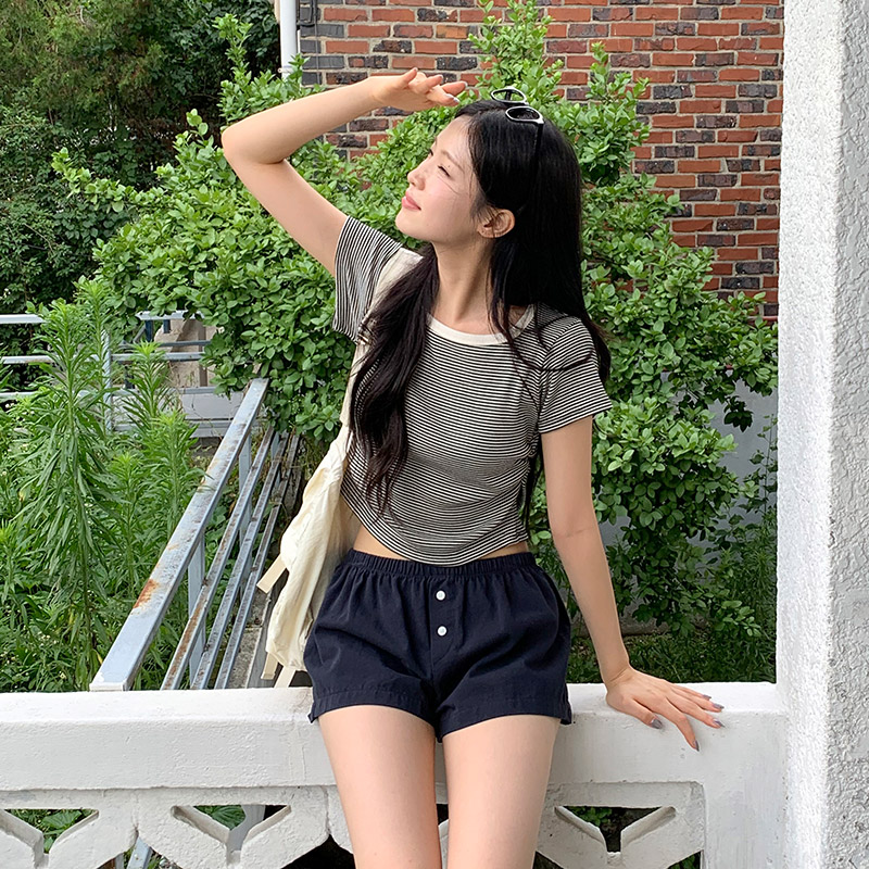 하리 스트라이프 와플 옆셔링 크롭 반팔 티셔츠 ts4675 - 상세 이미지 3