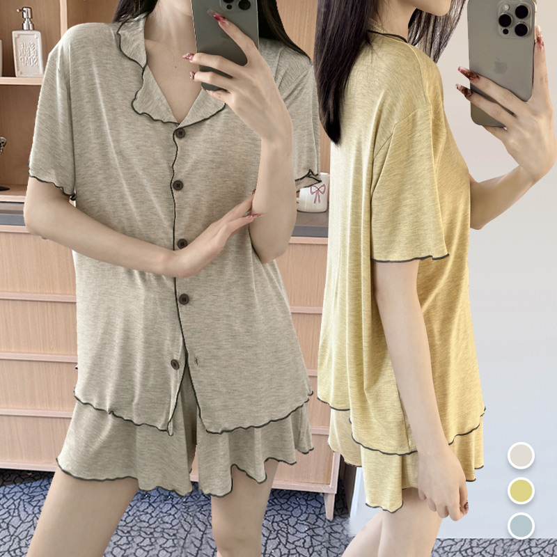 내츄럴 카라 노브라 캡내장 여름 여성 잠옷 실내복 홈웨어 파자마 반팔 반바지 상하의 세트 - 상품 이미지