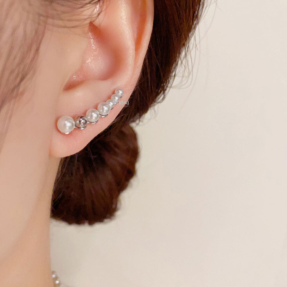 S925 곡선 라인 14K 진주 볼 귀걸이 은침 우아한 이어링 - 상세 이미지 5