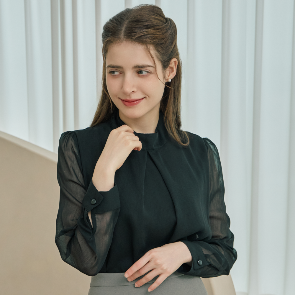웨어코렉트 쉬폰 셔링 검정 시스루 블라우스셔츠 - 메인 이미지