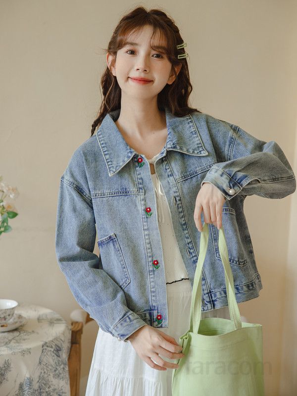 여성 루즈핏 데님 자켓 가을 캐주얼 자수 숏 청자켓 데일리 코디용 스타일리시한 외출용 트렌디한 디자인 - 상세 이미지 3