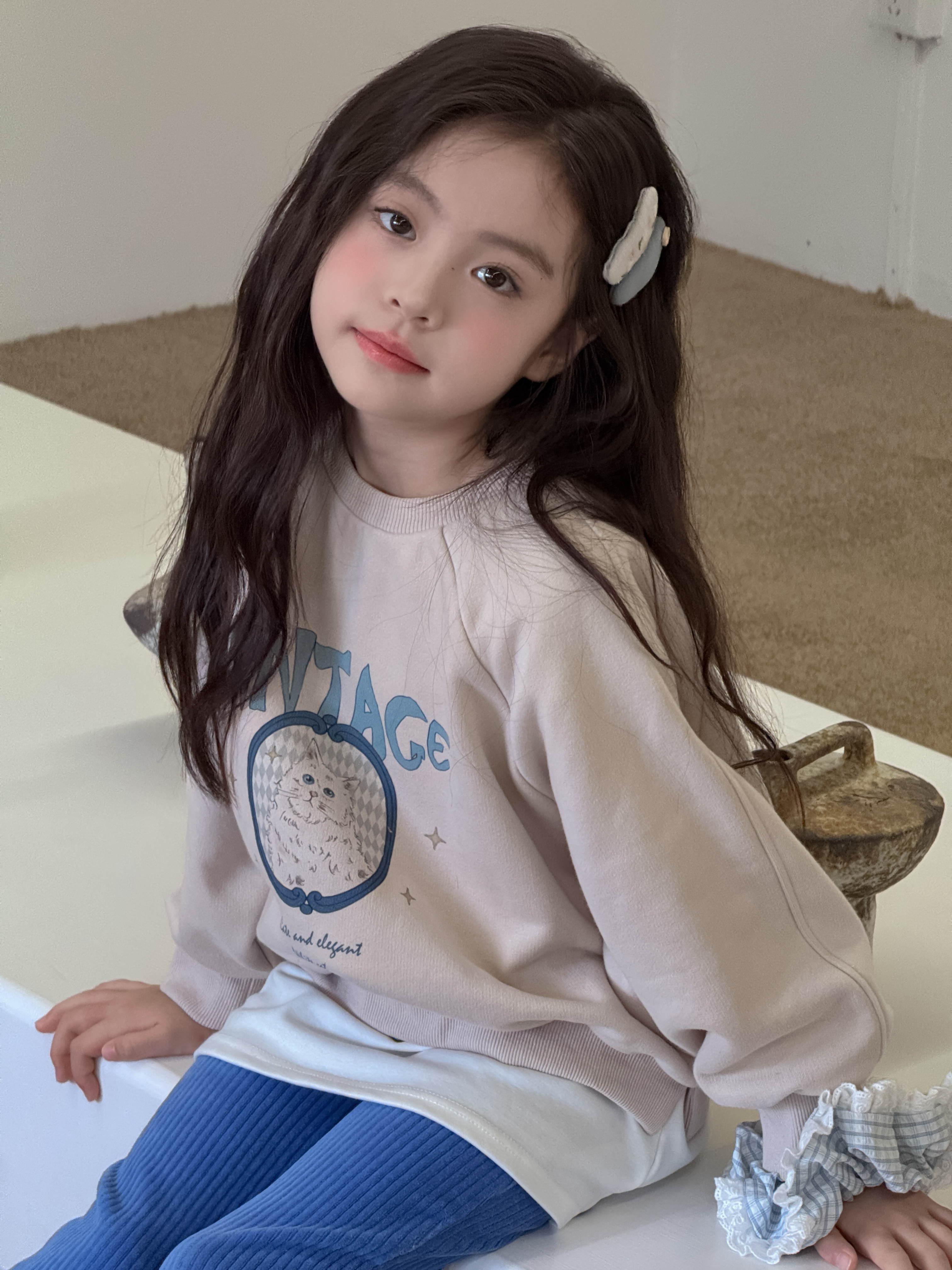VINTAGE 고양이 프린트 래글런 양기모 맨투맨 유아 주니어 가을 겨울 - 상세 이미지 2