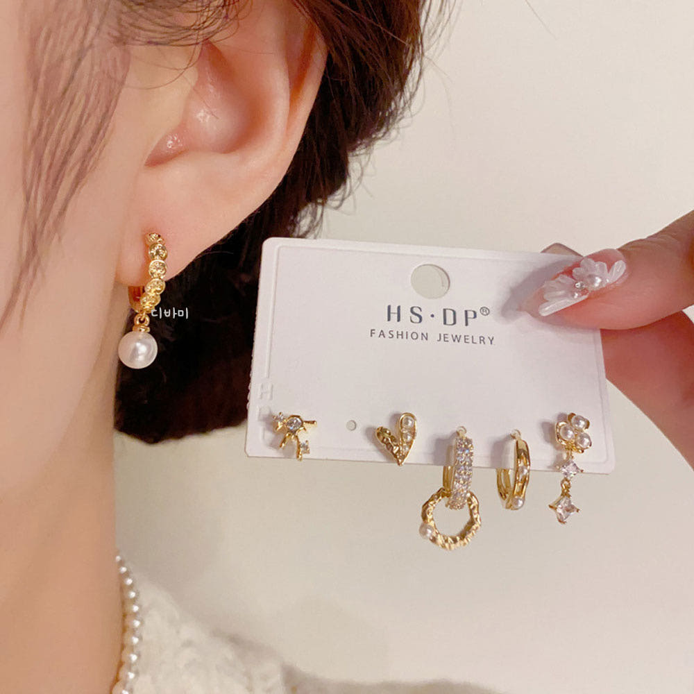 원터치 진주 링귀걸이 세트 14K 하트 큐빅 고급스러운 이어링 - 상세 이미지 3