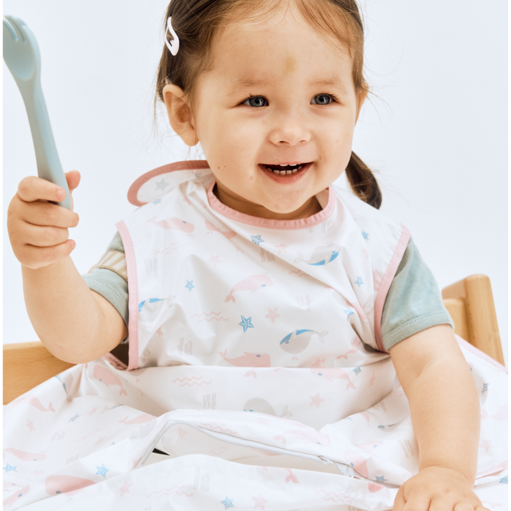 베이비클로 자기주도 턱받이 아기 이유식 가운 식탁일체형 방수 옷 앞치마 나시일반 고래블루