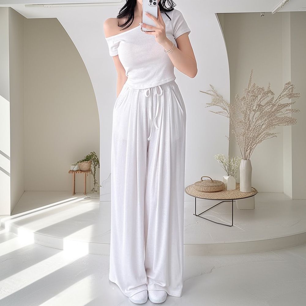 기엔호 반팔 티셔츠 찰랑 와이드 팬츠 세트 AD0533 - 상품 이미지