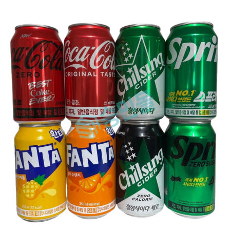 코카콜라,제로 칠성사이다,제로 스프라이트,제로 환타 오렌지 파인애플 355ml x 각 1개씩 총 8캔