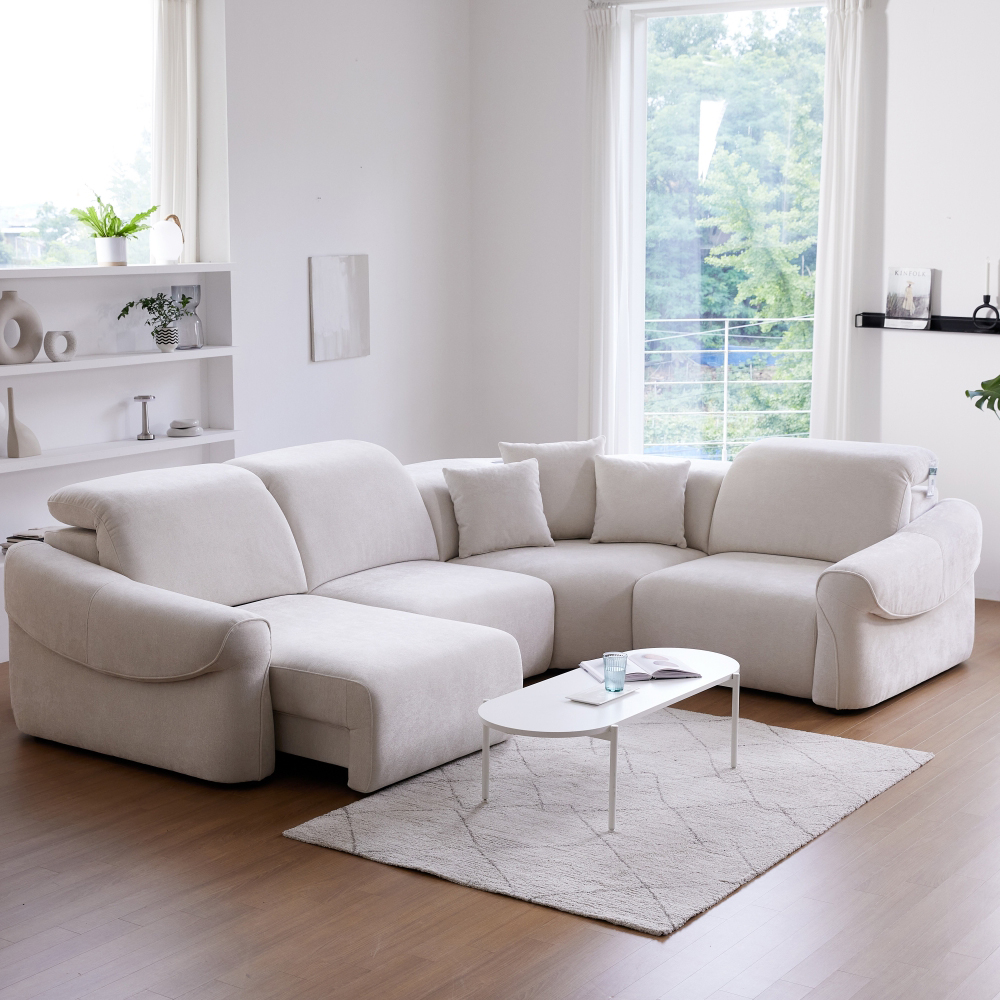 소파인 코모 슬라이딩 확장형 모션소파 (4인용 코너) 전동 리클라이너 기능성 아쿠아 패브릭