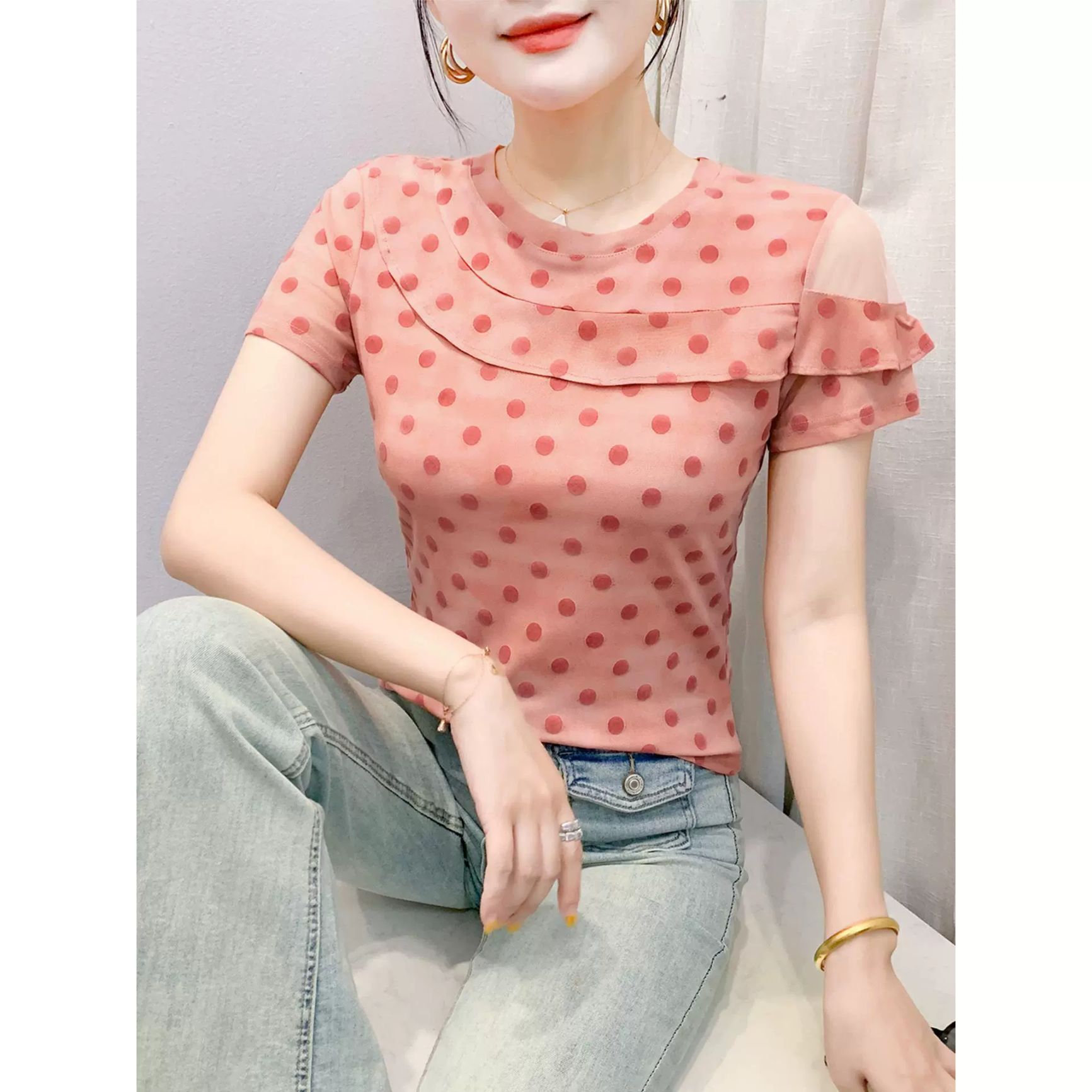 여성 라틴댄스복 상의 연습복 라인댄스복 핑크 - 상품 이미지
