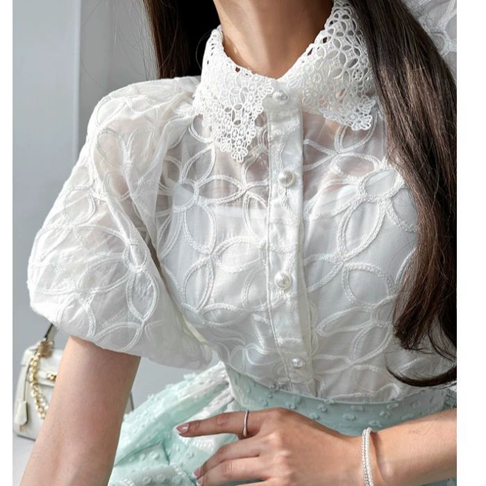 플라워 반팔 블라우스 우일 러블리 20대 30대 화이트 - 상세 이미지 4