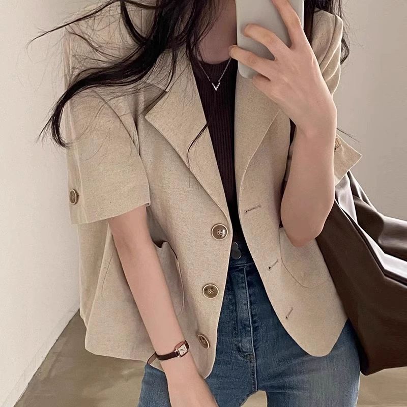 여성 여름 시원한 플레어 루즈핏 자켓 반팔 카키 - 상세 이미지 3