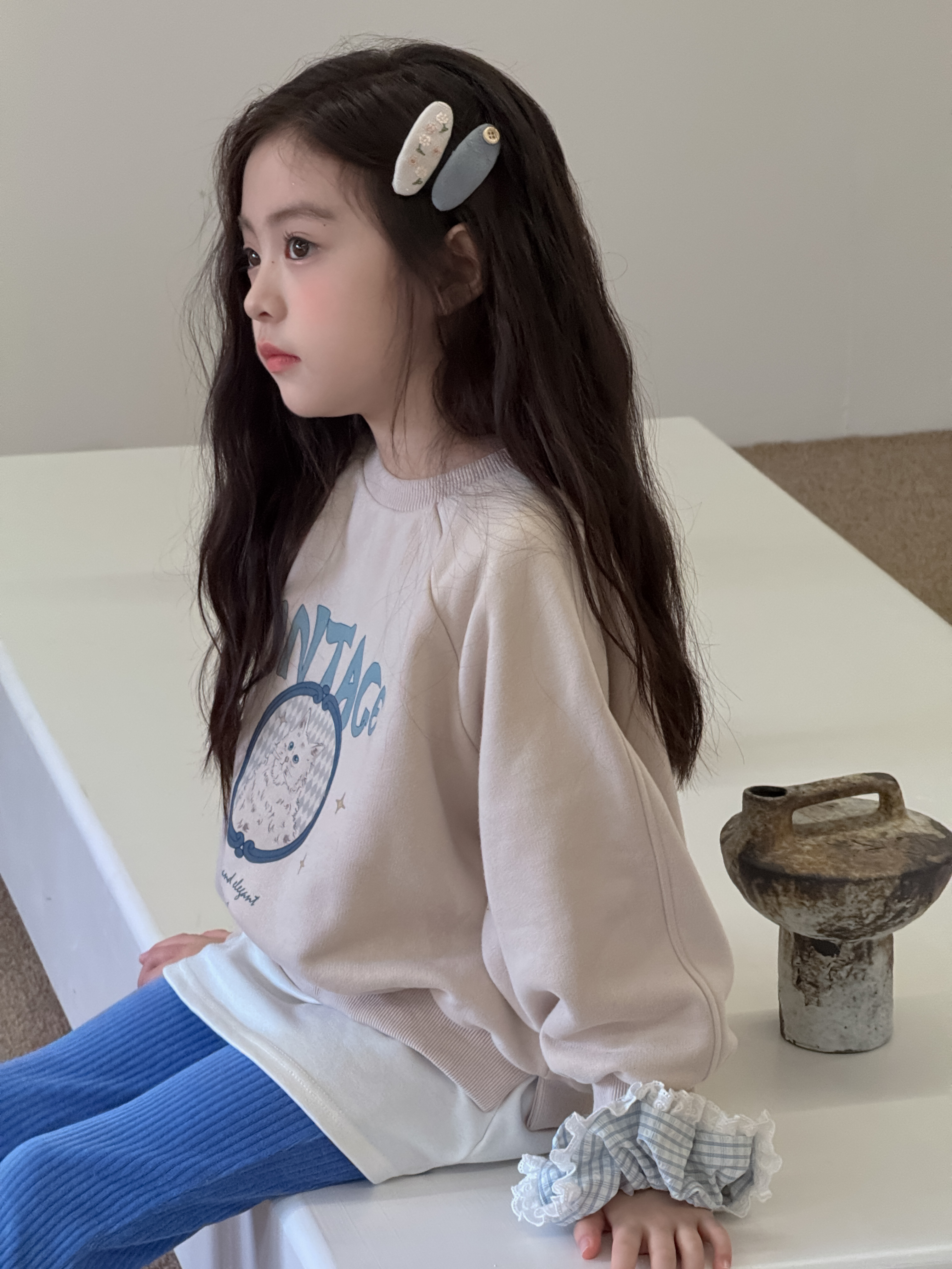 VINTAGE 고양이 프린트 래글런 양기모 맨투맨 유아 주니어 가을 겨울 - 상세 이미지 3