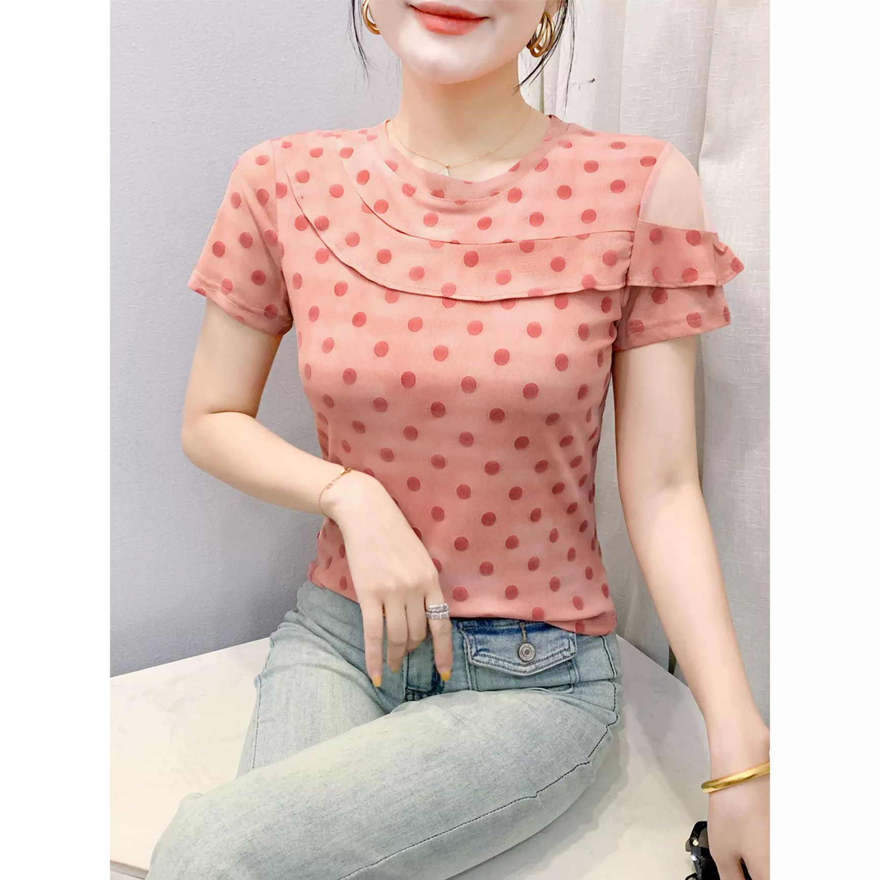 여성 라틴댄스복 상의 연습복 라인댄스복 핑크 - 상세 이미지 4