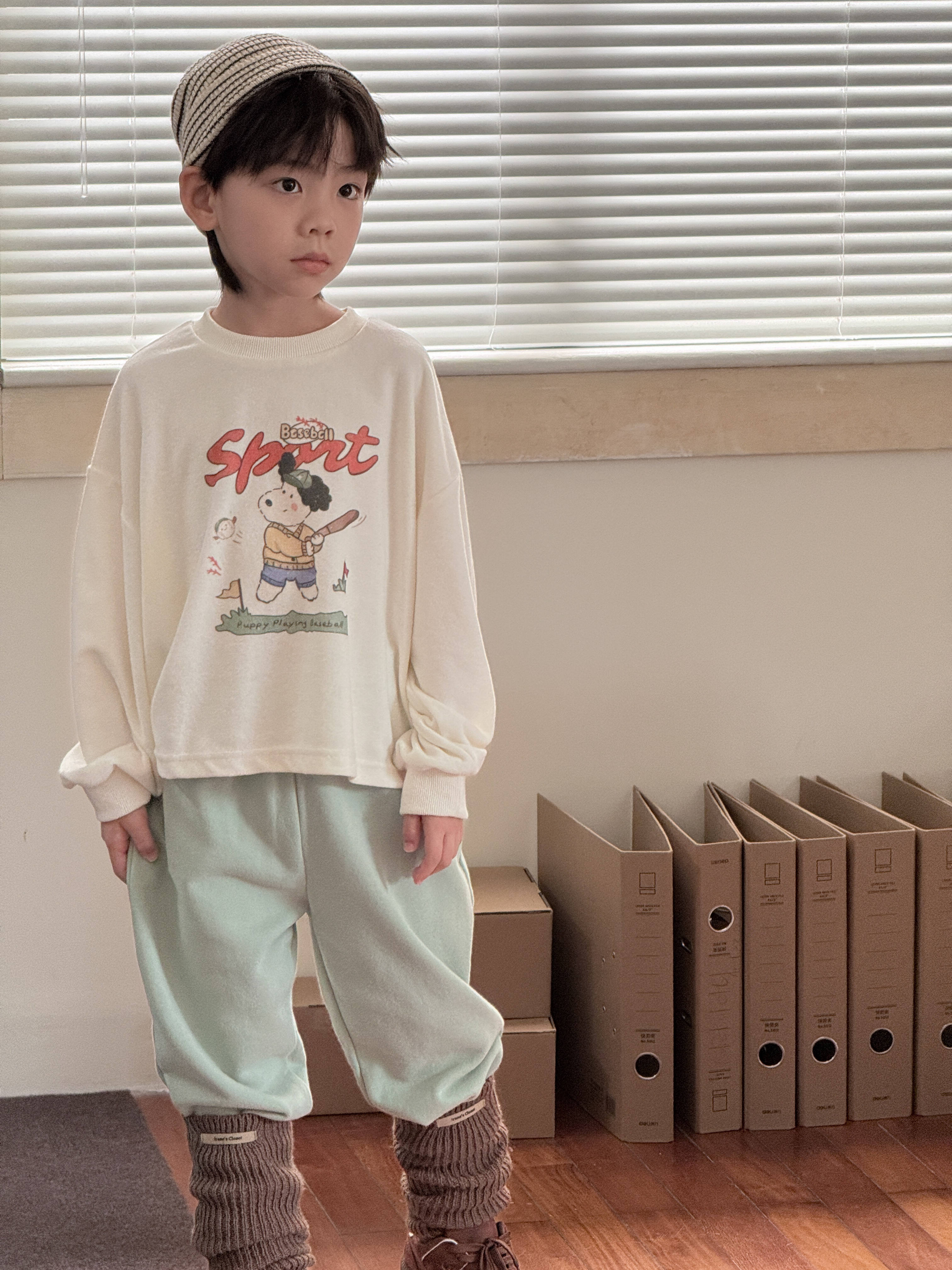Baseball puppy 프린트 타올지 언발란스 긴팔 티셔츠 유아 주니어 간절기 - 상세 이미지 5
