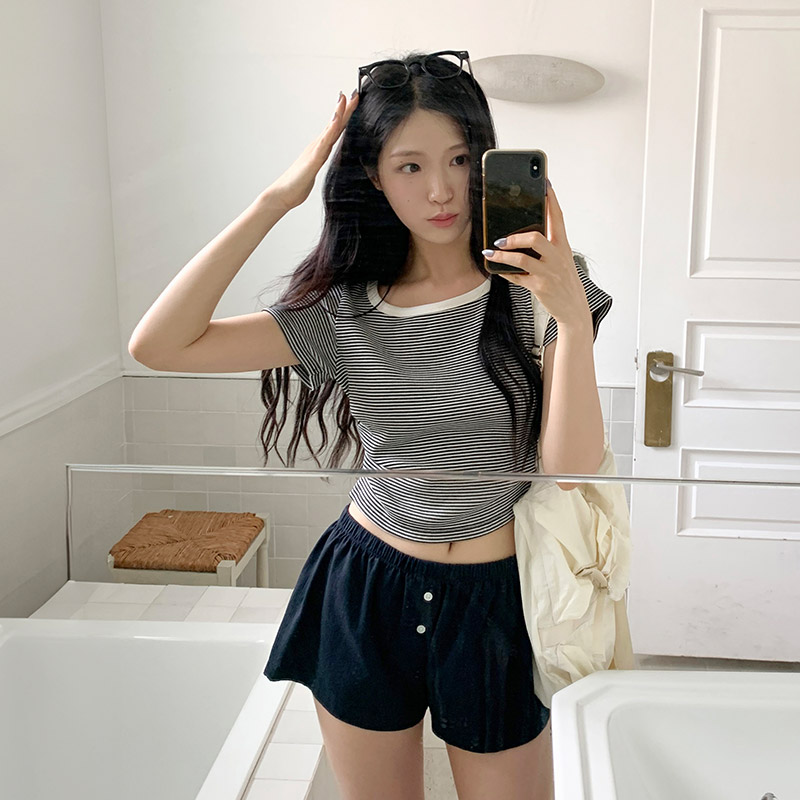 하리 스트라이프 와플 옆셔링 크롭 반팔 티셔츠 ts4675 - 상세 이미지 5