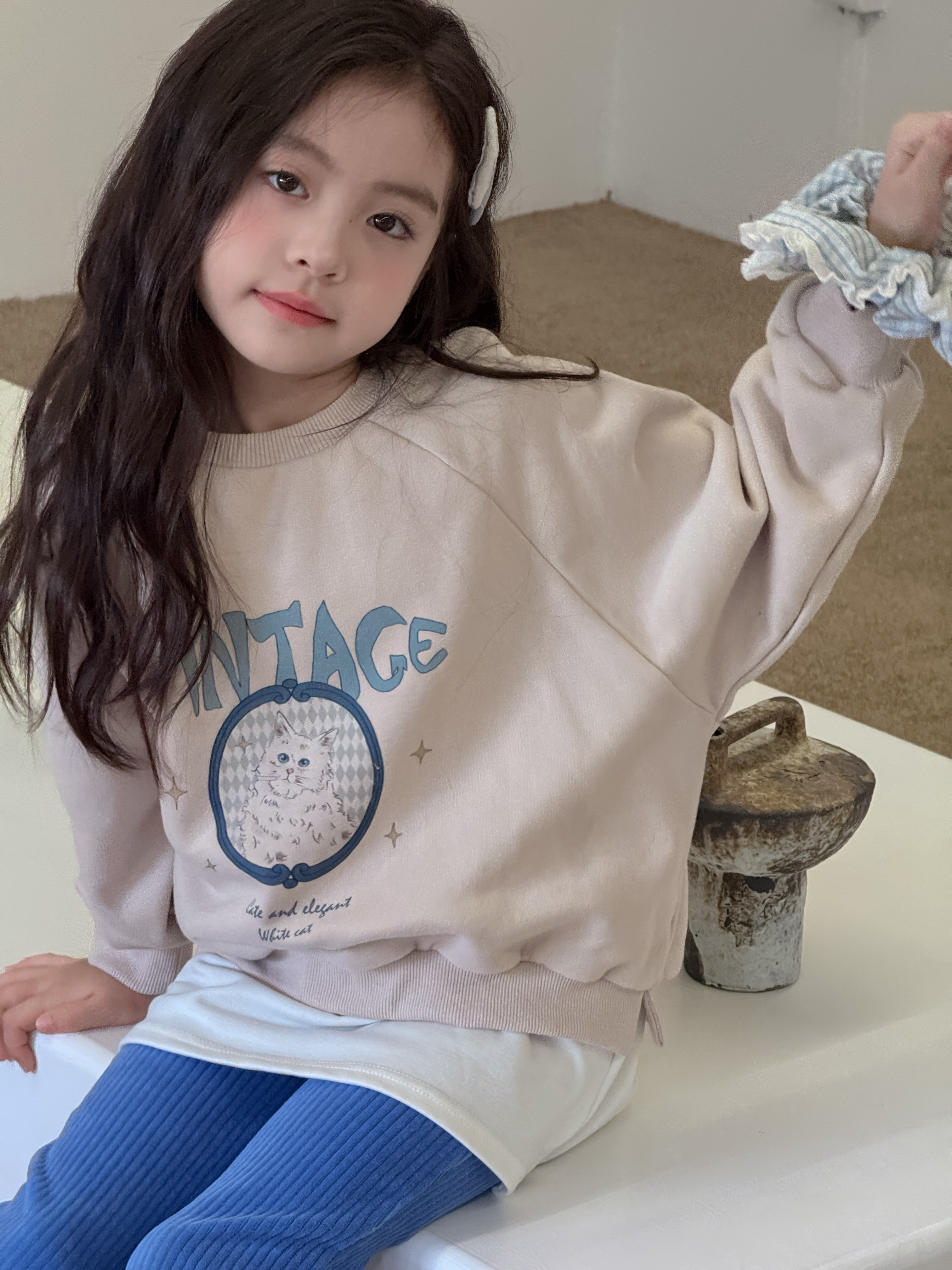 VINTAGE 고양이 프린트 래글런 양기모 맨투맨 유아 주니어 가을 겨울 - 상품 이미지