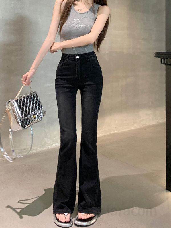 여성 하이웨스트 플레어 데님 팬츠 리본자수 포인트 스타일리시한 9부청바지 데일리 캐주얼 시원한 여름용 편안한 착용감 청바지 - 상세 이미지 4
