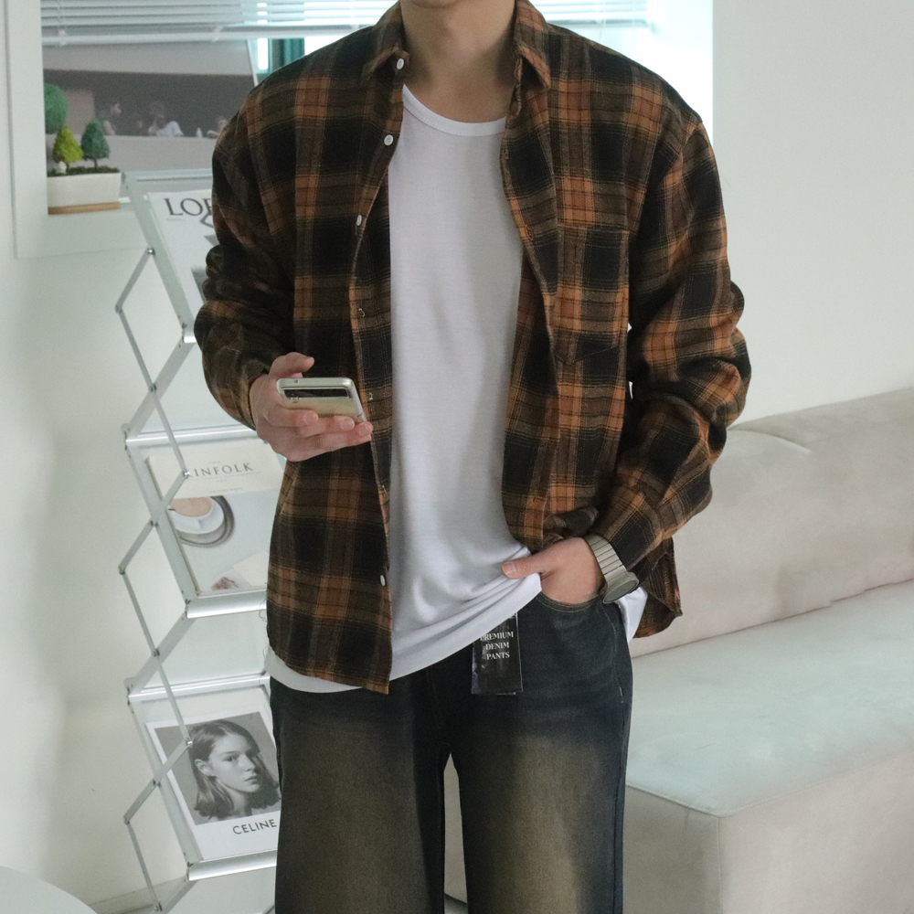 남자 셔츠 오버핏 빅사이즈 타탄체크 커플 남방 남자 체크셔츠 - 상세 이미지 3