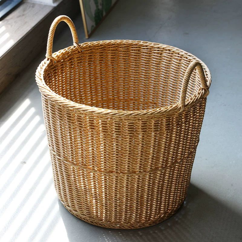 라탄 보관함 원형 수납바구니 가정용 빨래통 브라운 40x40cm 대각선 - 상세 이미지 5