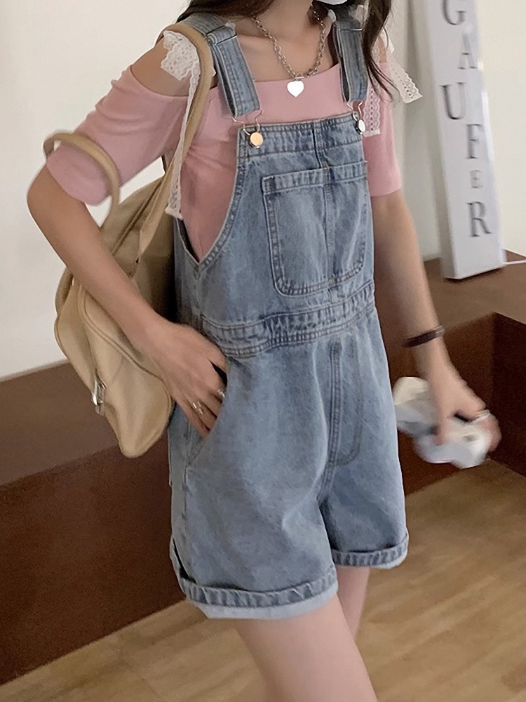 데님 멜빵 반바지 오버롤 점프수트 와이드팬츠 학생 루즈핏 2컬러 - 상품 이미지