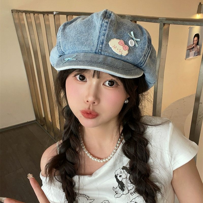 모자 워시드 데님 베레모 일본풍 여성용 팔각형 화가 여름용 자외선 차단 구름 연청색 M56-58cm - 상세 이미지 2