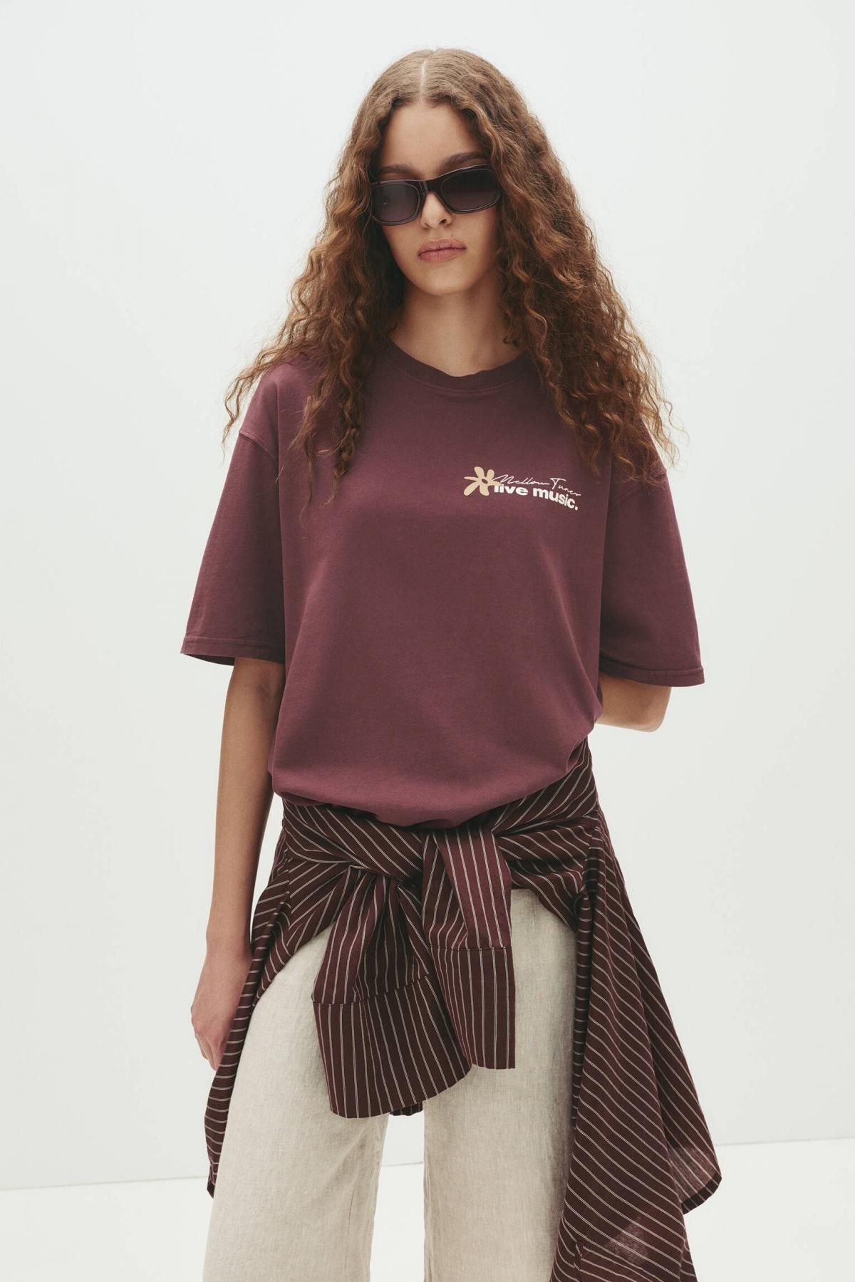 풀앤베어 오버핏 플라워 그래픽 라운드넥 코튼 반팔 티셔츠 7151/369 DARK MAROON - 상세 이미지 5