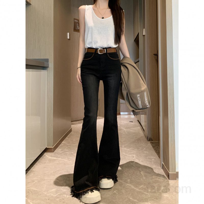 여성 슬림 스트레치 데님 바지 플레어 스타일 태슬 디테일 편안한 착용감 여름용 캐주얼 팬츠 데일리 외출용 스타일리시한 디자인 - 상세 이미지 5