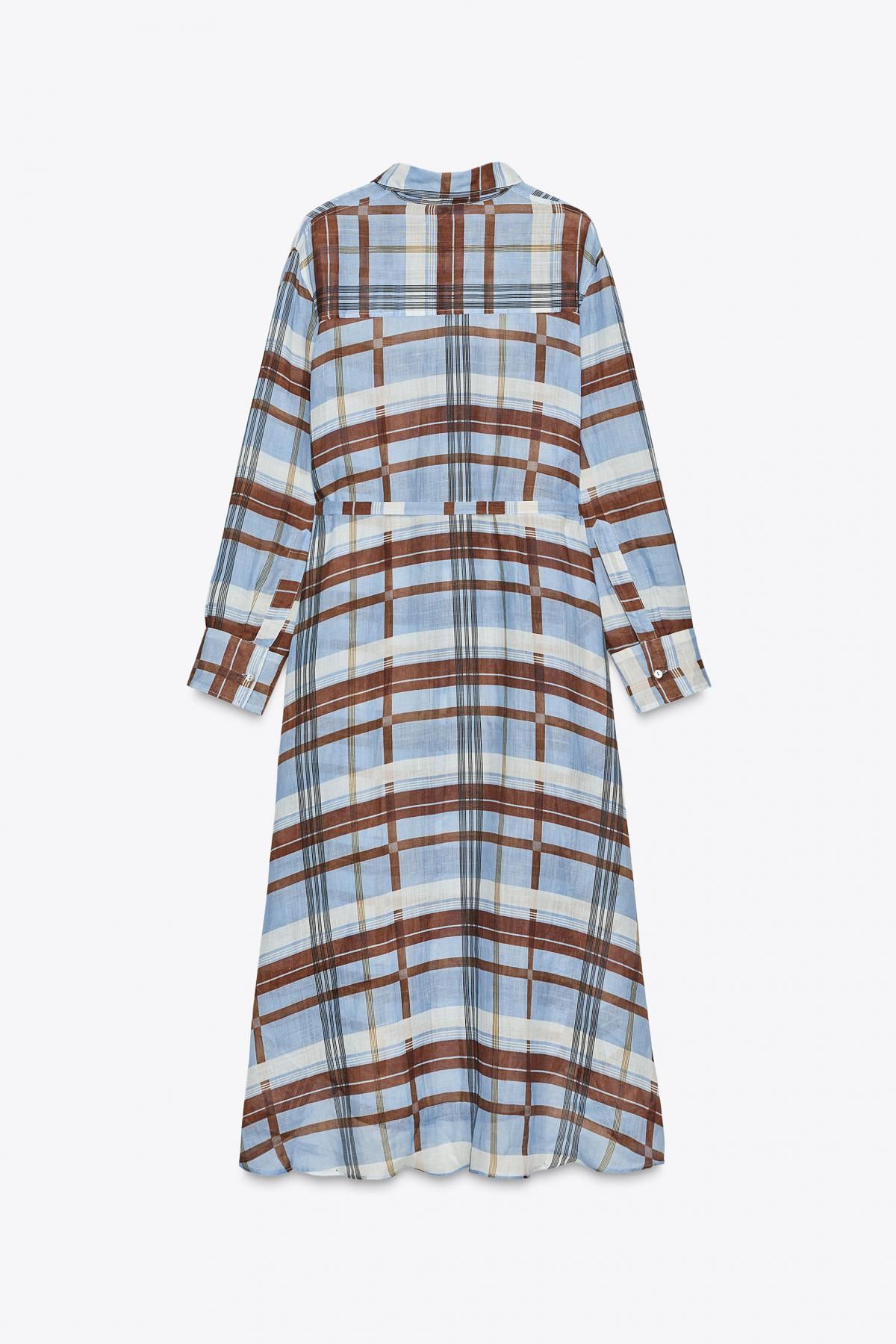 자라 트렌디 체크 패턴 라미 셔츠 롱 원피스 8377/036 LIGHT BLUE - 상세 이미지 3
