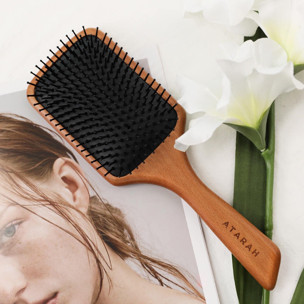 아타라 프리미엄 우드 패들 쿠션 헤어 브러쉬 젖은 머리 두피 마사지 나무 참 빗