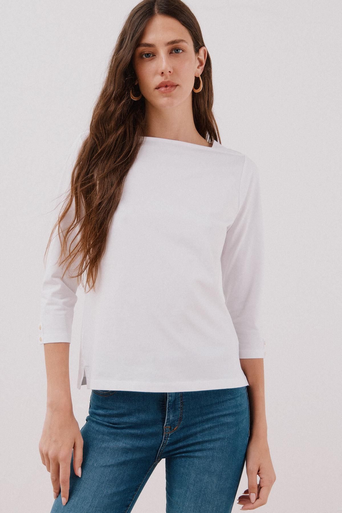 꼬르떼피엘 미니멀 베이직 코튼 보트넥 7부 티셔츠 6322483 BLANCO - 상품 이미지