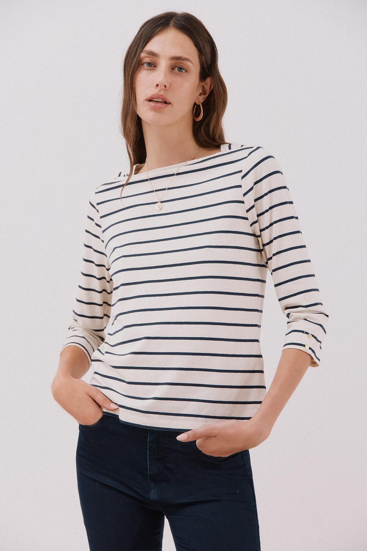 꼬르떼피엘 스트라이프 보트넥 코튼 테크니컬 긴팔 티셔츠 6322483 ESTAMPADO AZUL - 상품 이미지