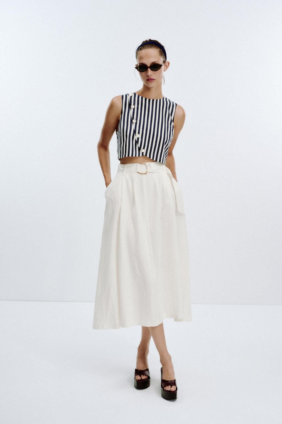 자라 린넨블렌드 스트라이프 벨티드 롱 원피스 8539/393 OYSTER-WHITE - 상세 이미지 2