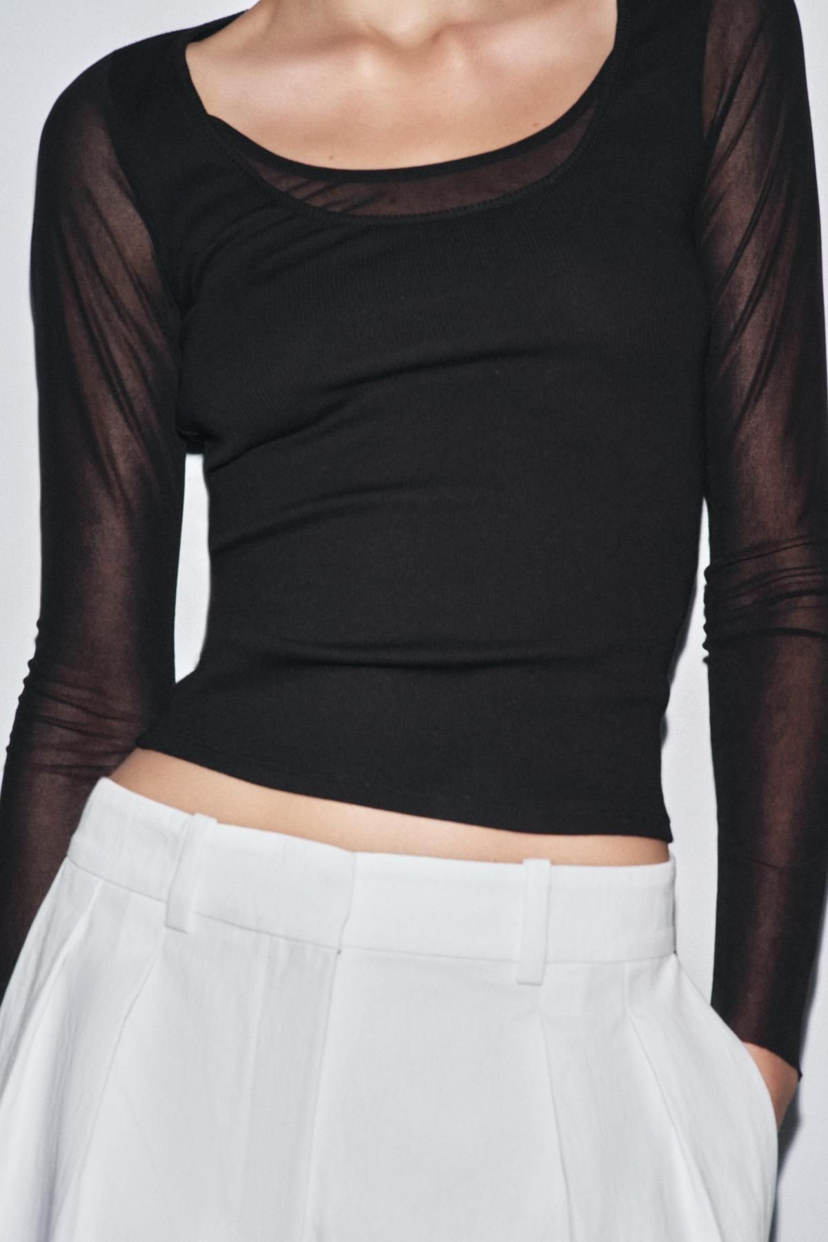 자라 시스루 레이어드 슬림핏 라운드넥 긴팔 티셔츠 4786/451 BLACK - 상세 이미지 5