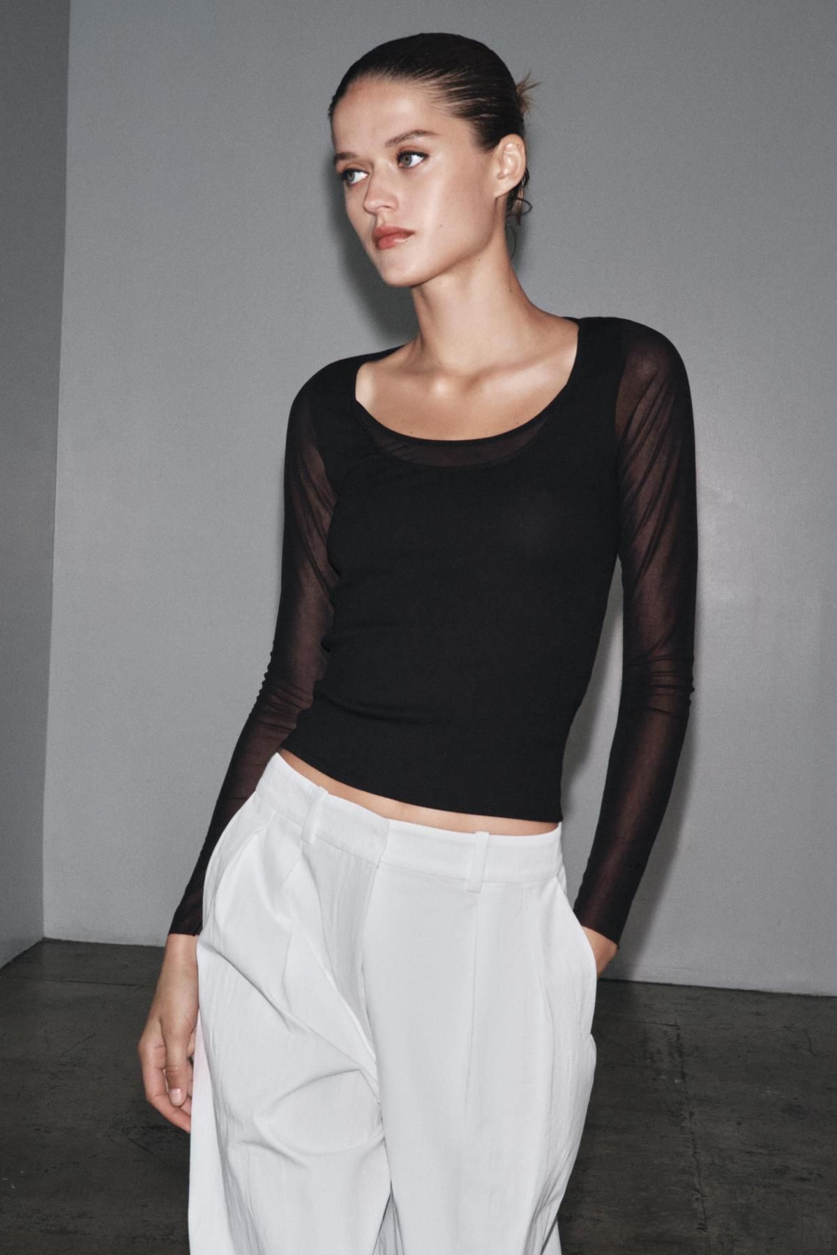 자라 시스루 레이어드 슬림핏 라운드넥 긴팔 티셔츠 4786/451 BLACK - 상세 이미지 3