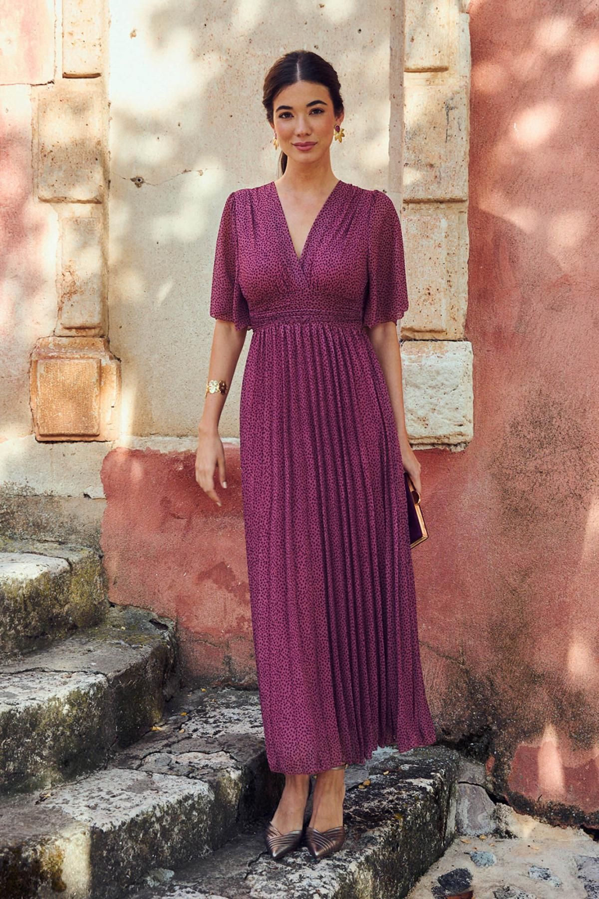 폴린에무아 플리츠 브이넥 롱 원피스 퍼플 드레이프 5830194 ROSA - 메인 이미지