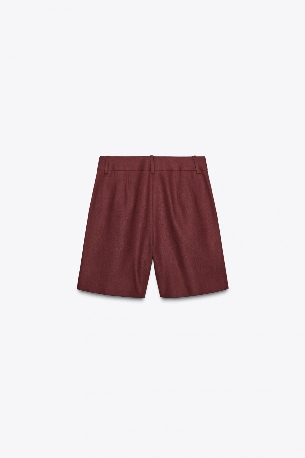 자라 린넨블렌드 하이웨이스트 버건디 버뮤다 반바지 8249/709 BURGUNDY - 상세 이미지 4