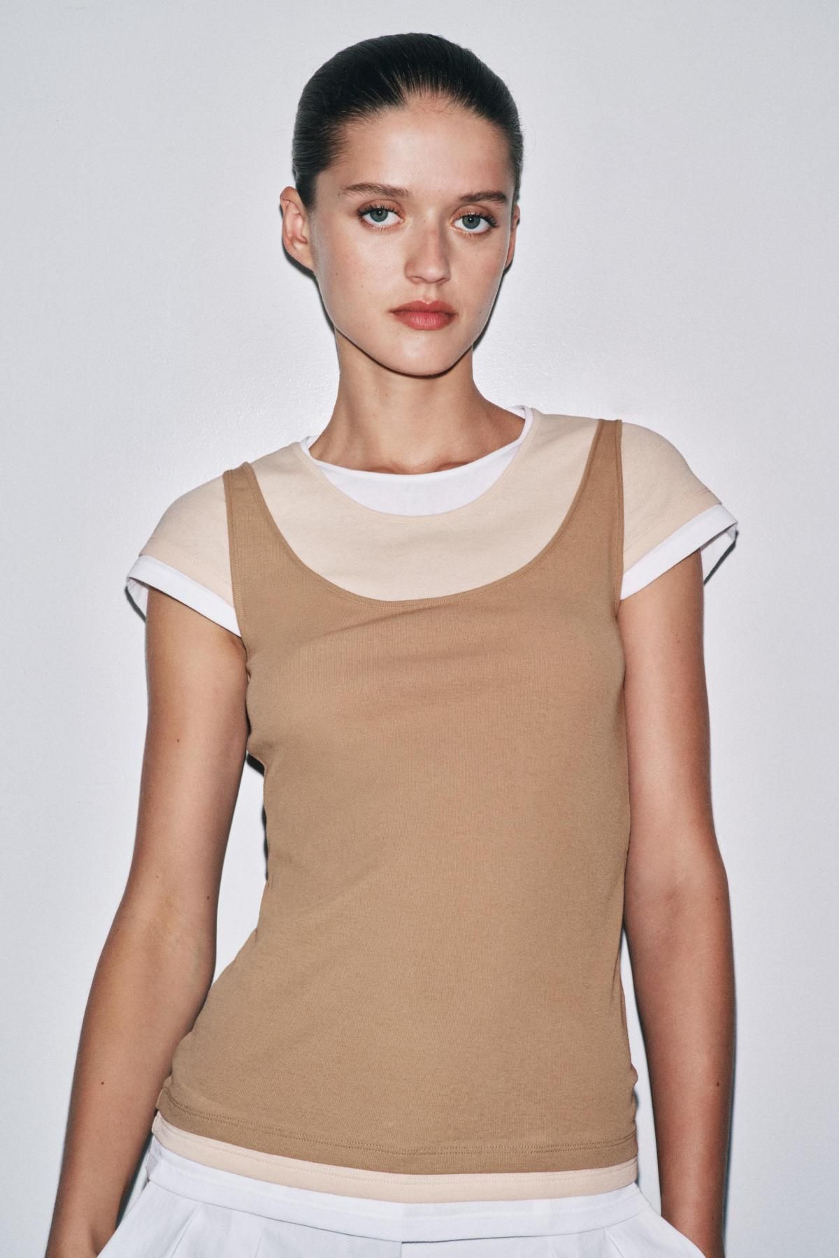 자라 레이어드 슬림핏 라운드넥 반팔 티셔츠 4786/452 LIGHT BROWN - 상세 이미지 2