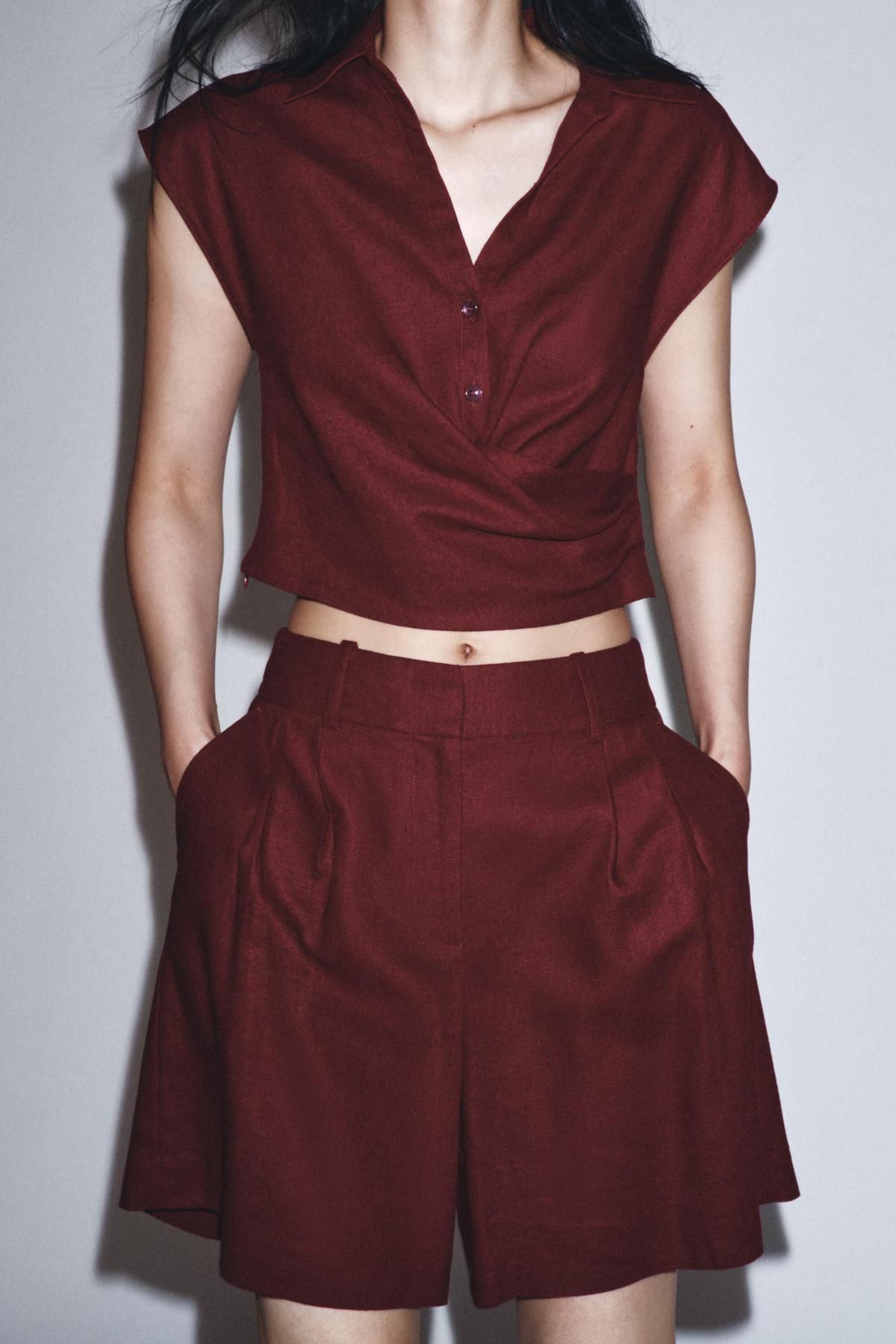 자라 린넨블렌드 하이웨이스트 버건디 버뮤다 반바지 8249/709 BURGUNDY - 상세 이미지 3