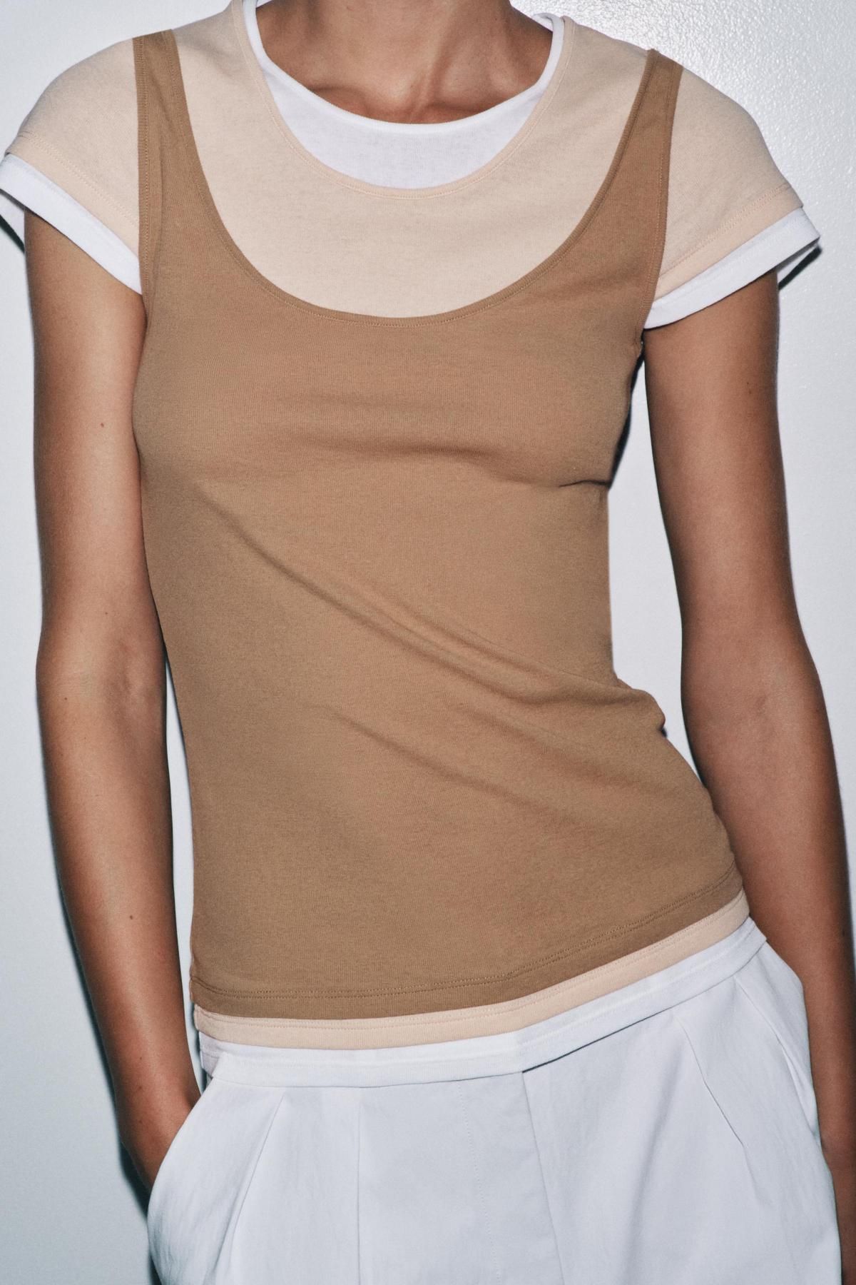 자라 레이어드 슬림핏 라운드넥 반팔 티셔츠 4786/452 LIGHT BROWN - 상세 이미지 3