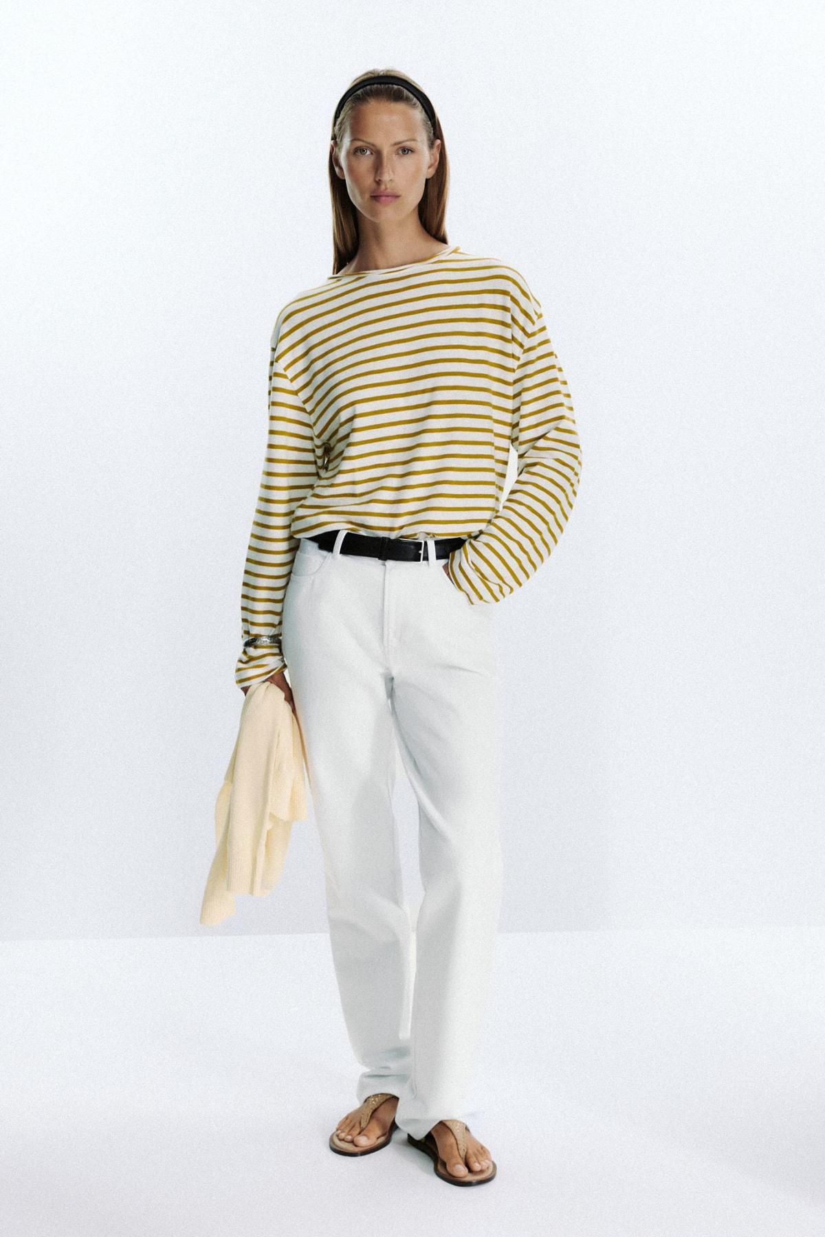 자라 슬럽 스트라이프 코튼 긴팔 티셔츠 4174/639 GREEN STRIPE - 상세 이미지 2