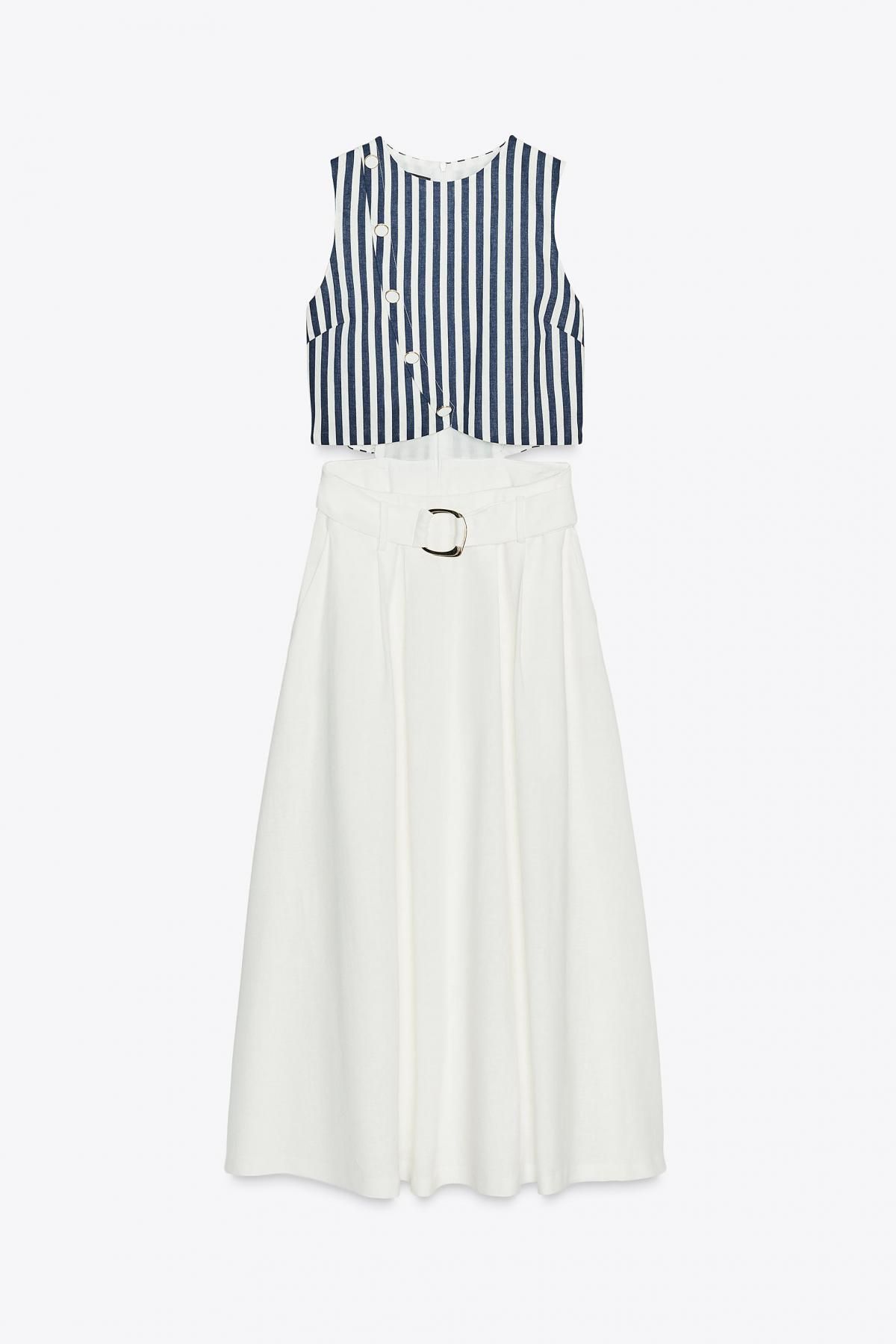 자라 린넨블렌드 스트라이프 벨티드 롱 원피스 8539/393 OYSTER-WHITE - 메인 이미지